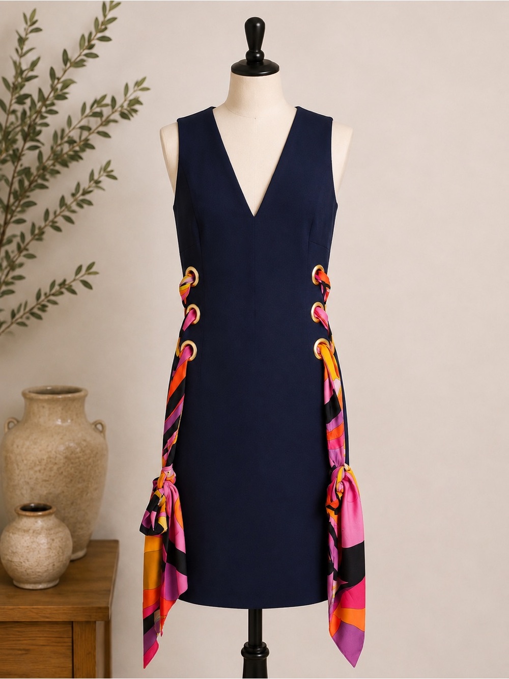 Trina Turk Navy Sheath Dress with Pink & Orange Scarf Accents